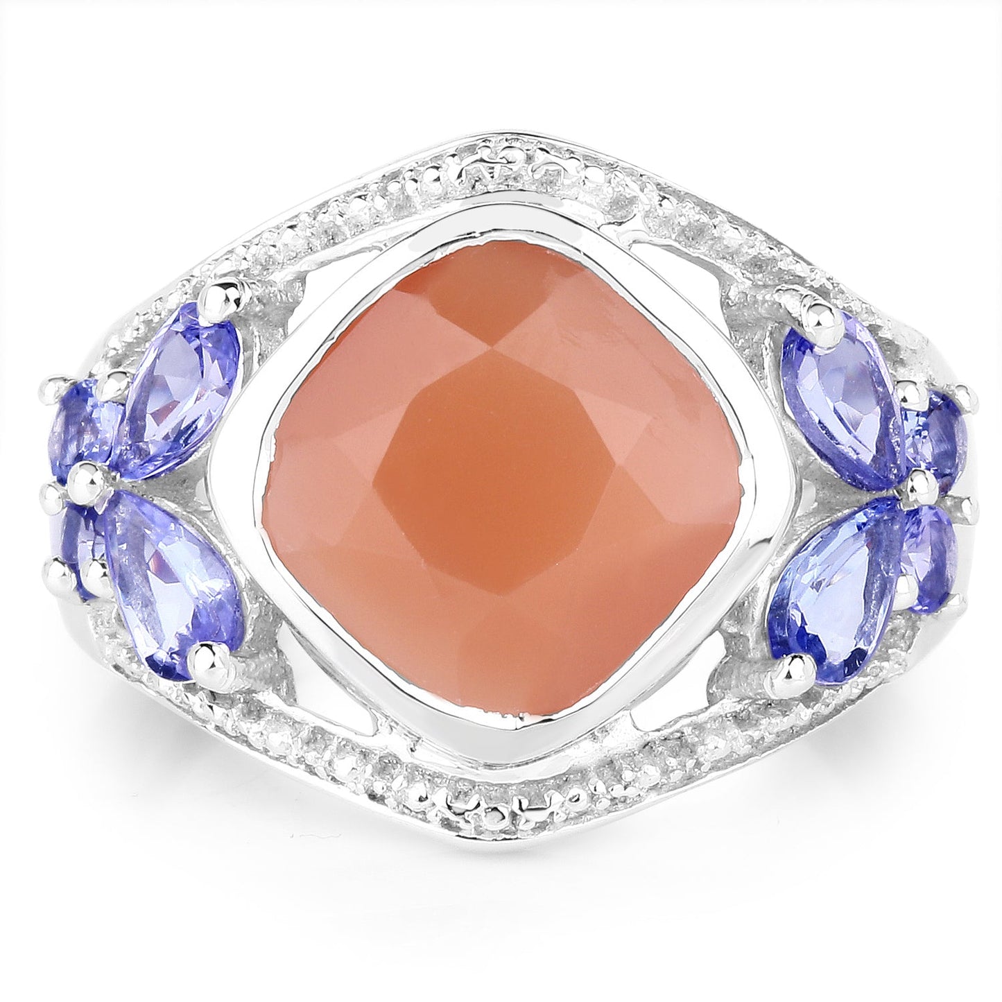 Bague en argent sterling avec pierre de lune pêche et tanzanite de 4,67 carats