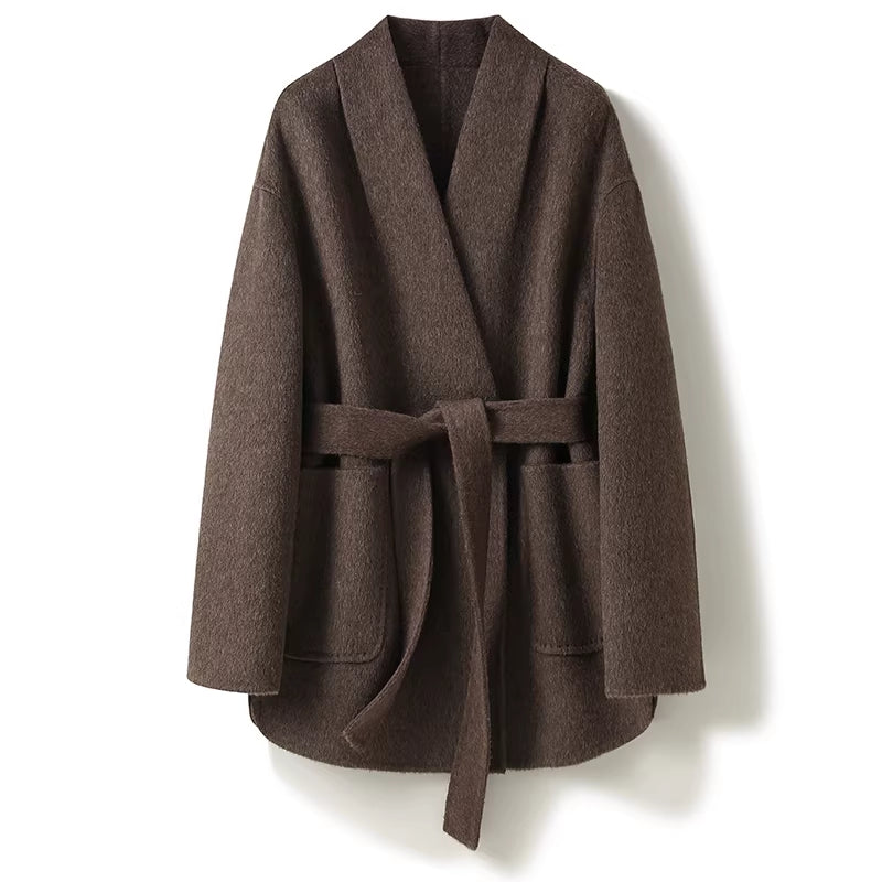 Camel-Wool V-Neck Double-Faced Belted Coat