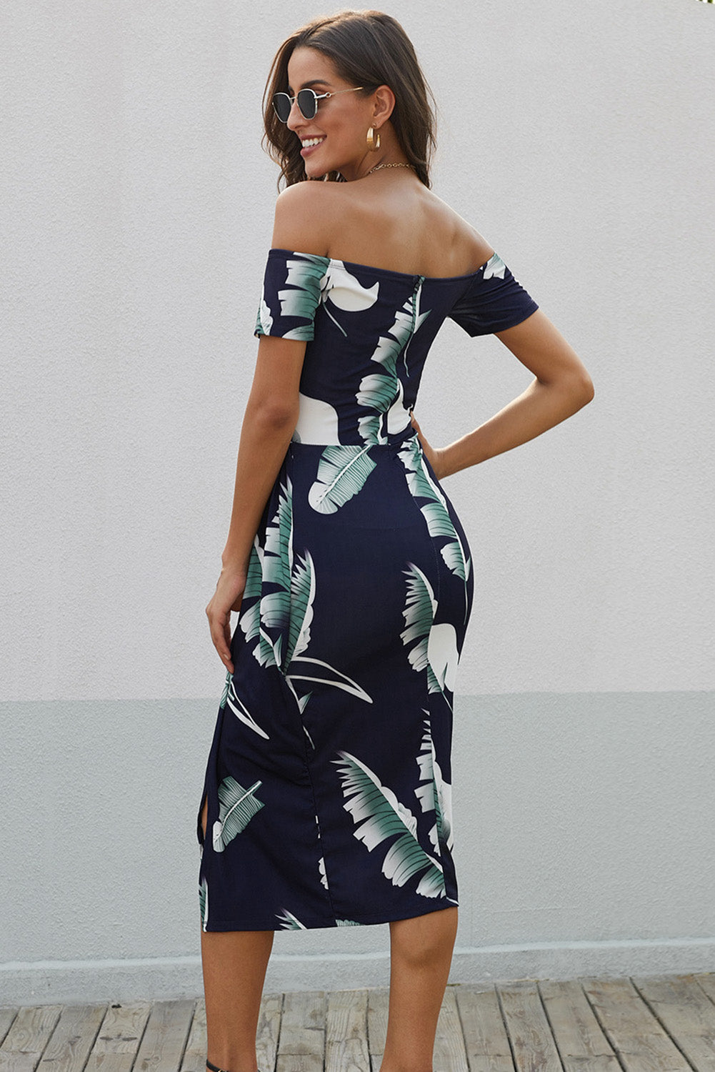 Robe midi charmante à épaules dénudées avec fente