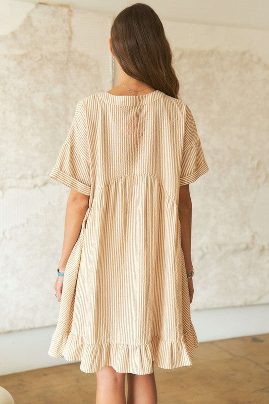 Vestido de Niña de Cuello en V a Rayas con Dobladillo Volante