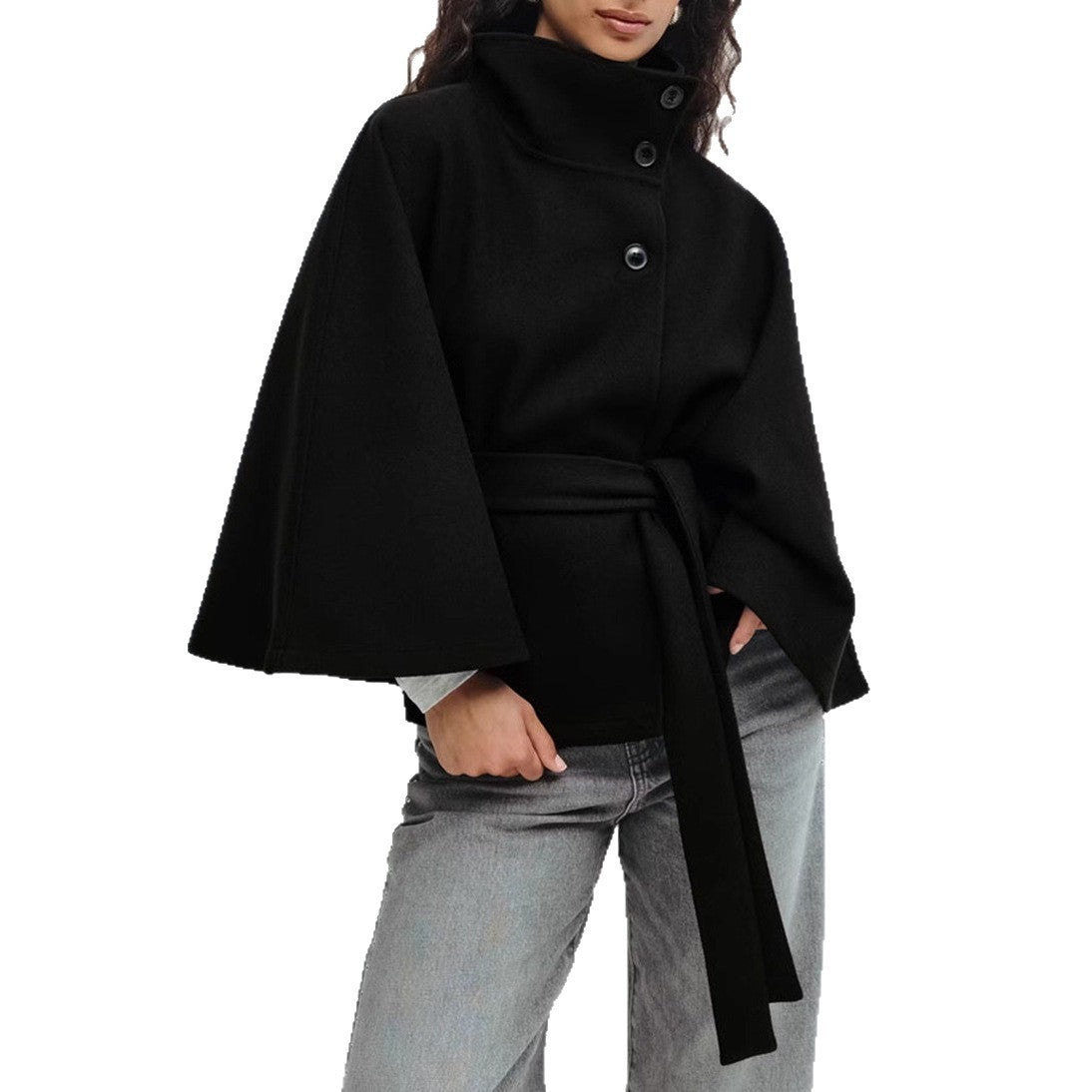 Manteau Trench Élégant d'Hiver à Col Montant et Manches Chauve-Souris pour Femmes