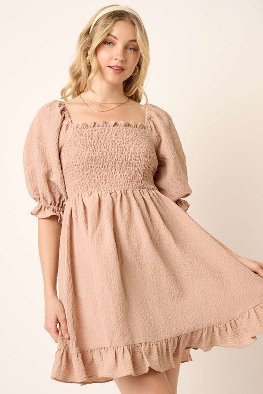 Charming Smocked Ruffled Hem Mini Dress