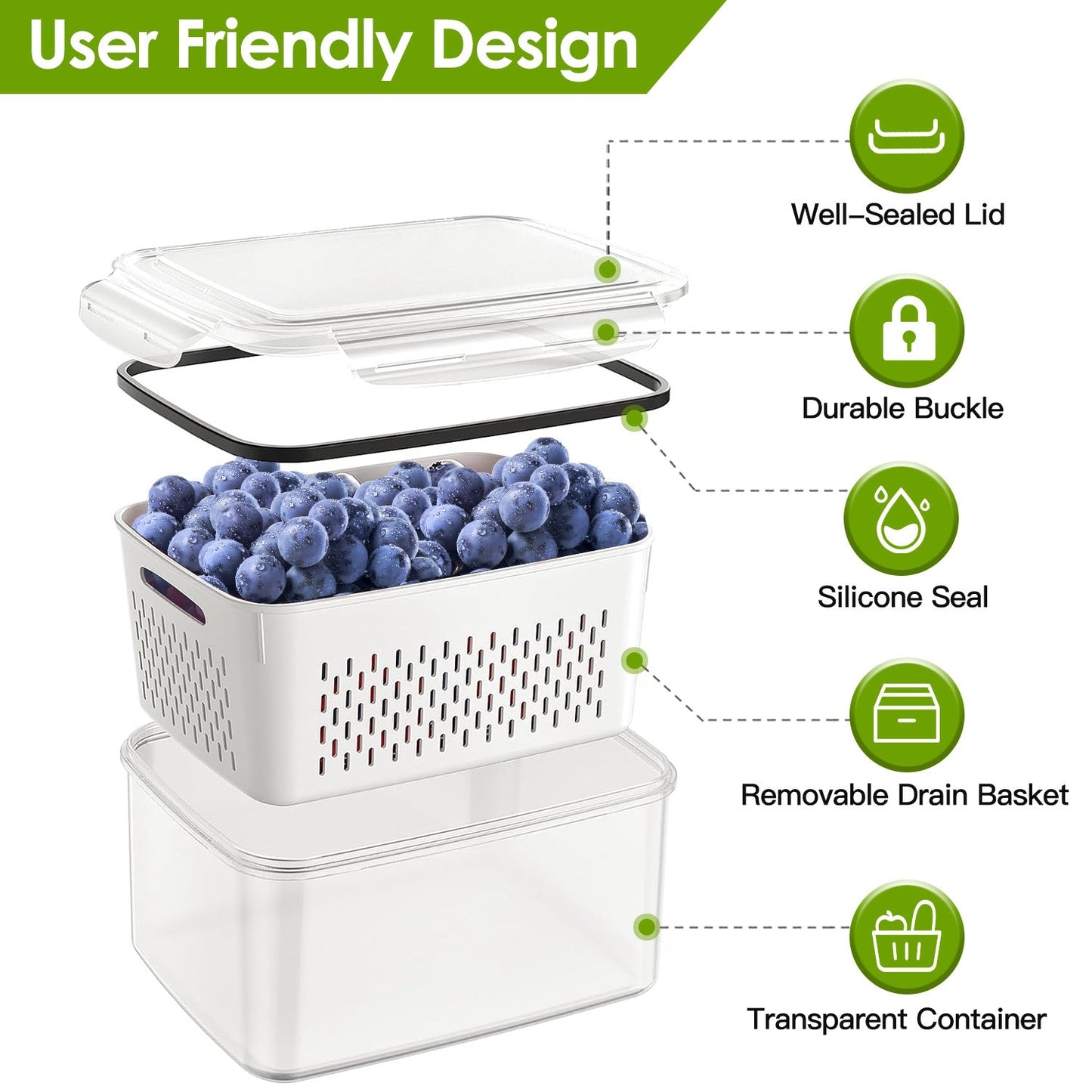 5-Piece Stackable Food Storage Containers with Drain Basket