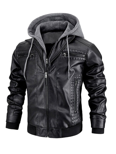 Men's Faux Leather Jacket Motorcycle Jacket Waterproof Windproof PU Moto Vintage Bomber Hoodie With Removable Hood - Korvel