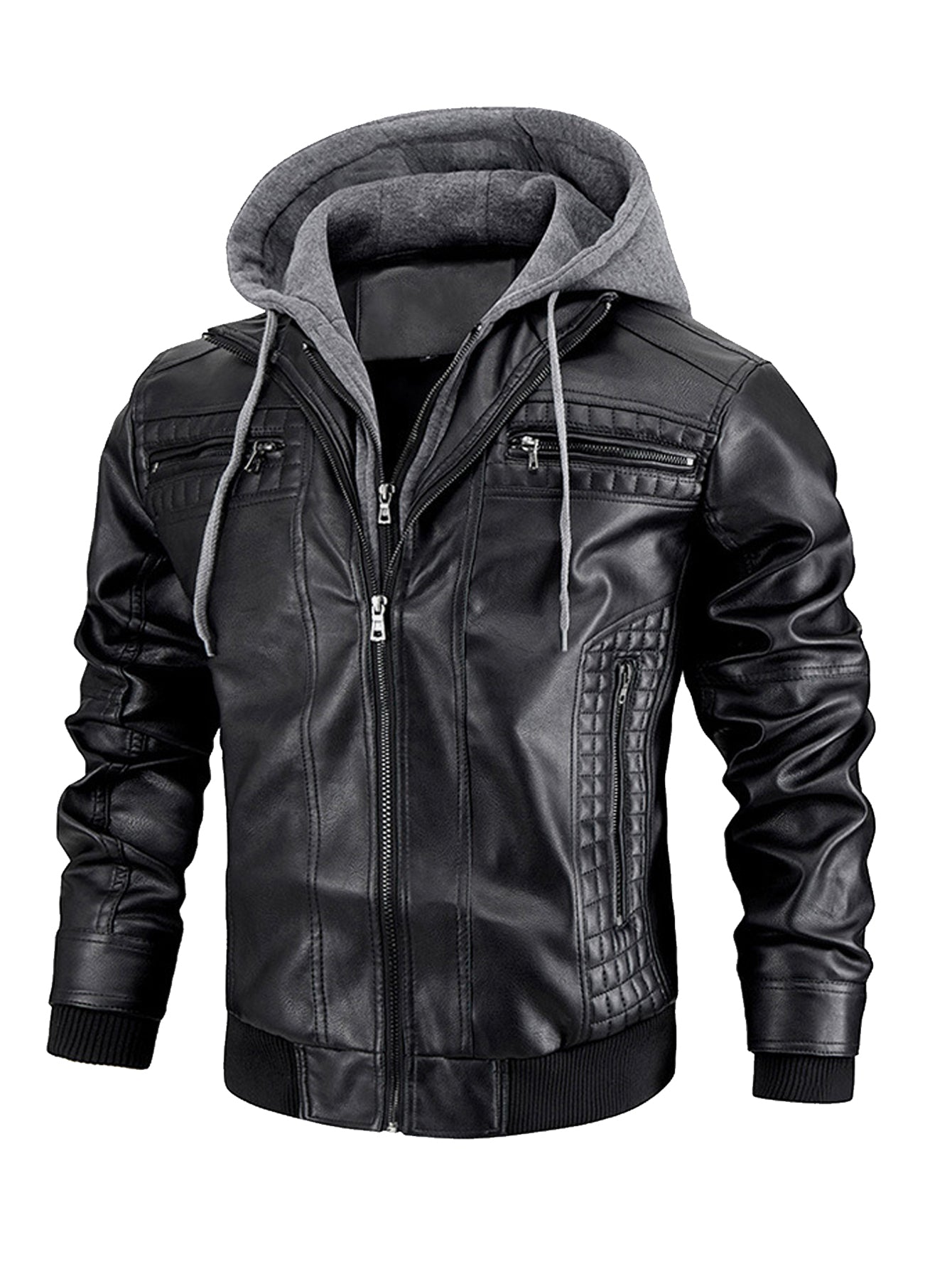 Men's Faux Leather Jacket Motorcycle Jacket Waterproof Windproof PU Moto Vintage Bomber Hoodie With Removable Hood - Korvel