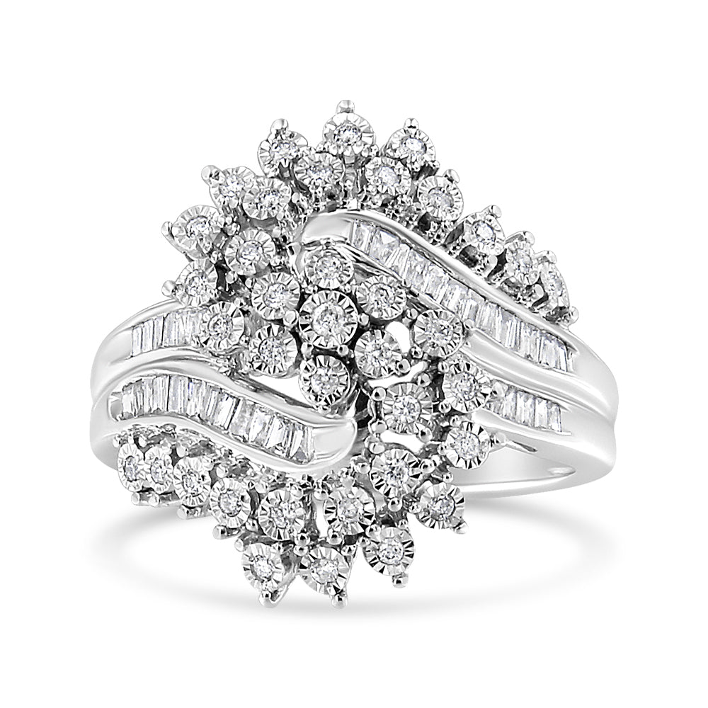 Bague cocktail en or blanc 10K avec diamants ronds et baguette - Taille 7