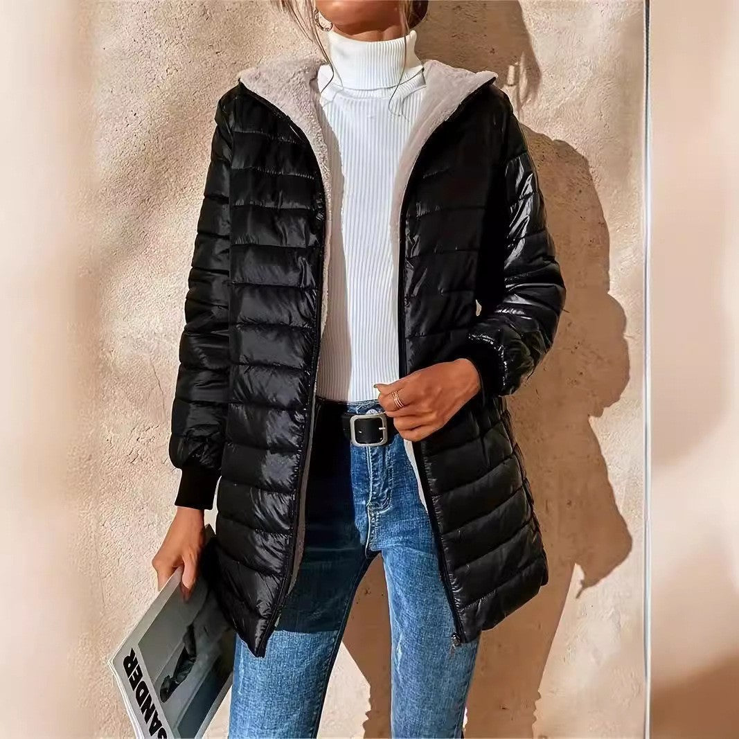Veste matelassée à capuche en polaire mi-longue et ample