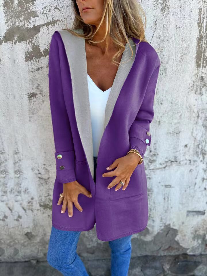Manteau Cardigan Contrast Élégant pour Femmes avec Capuche