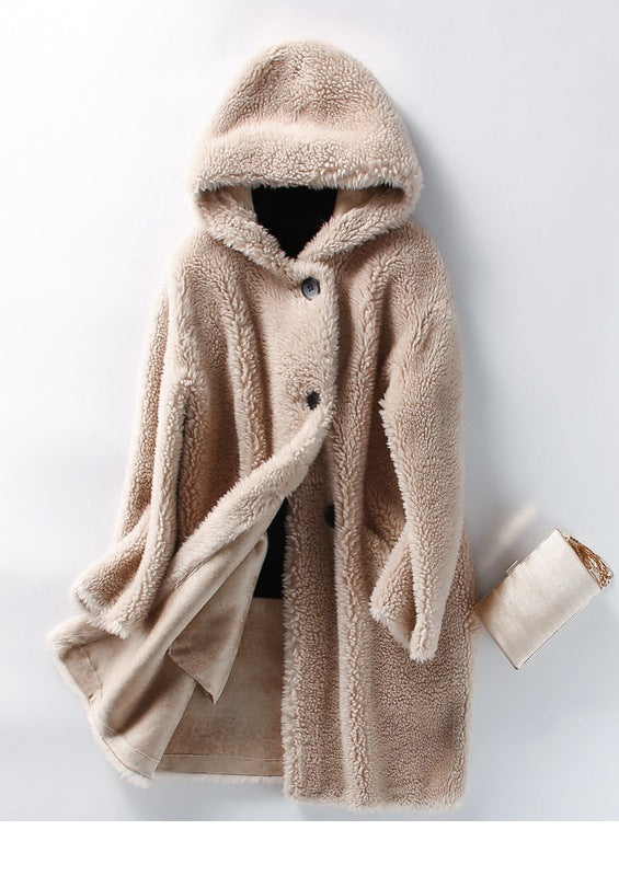 Elegant Women's Hooded Lambswool Coat