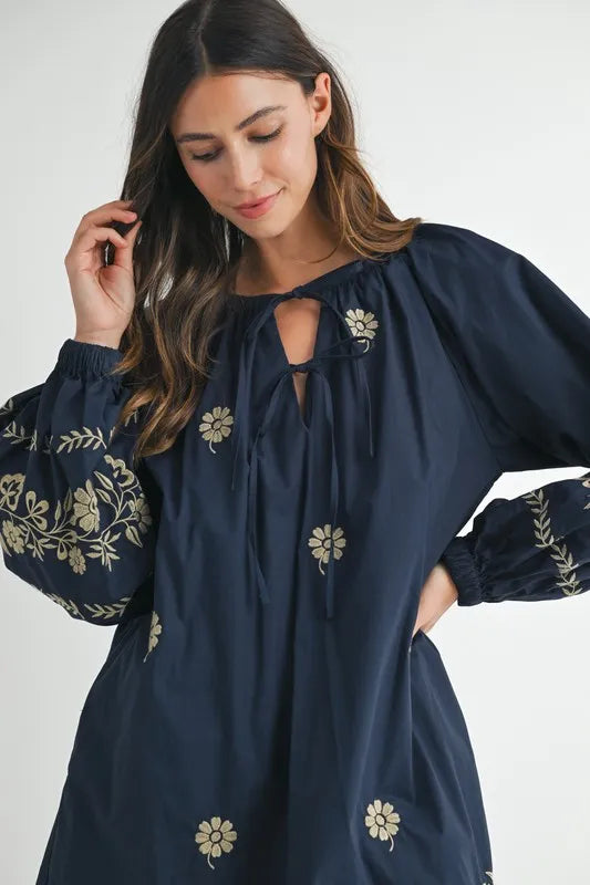 Embroidered Long Sleeve Peasant Mini Dress for Women