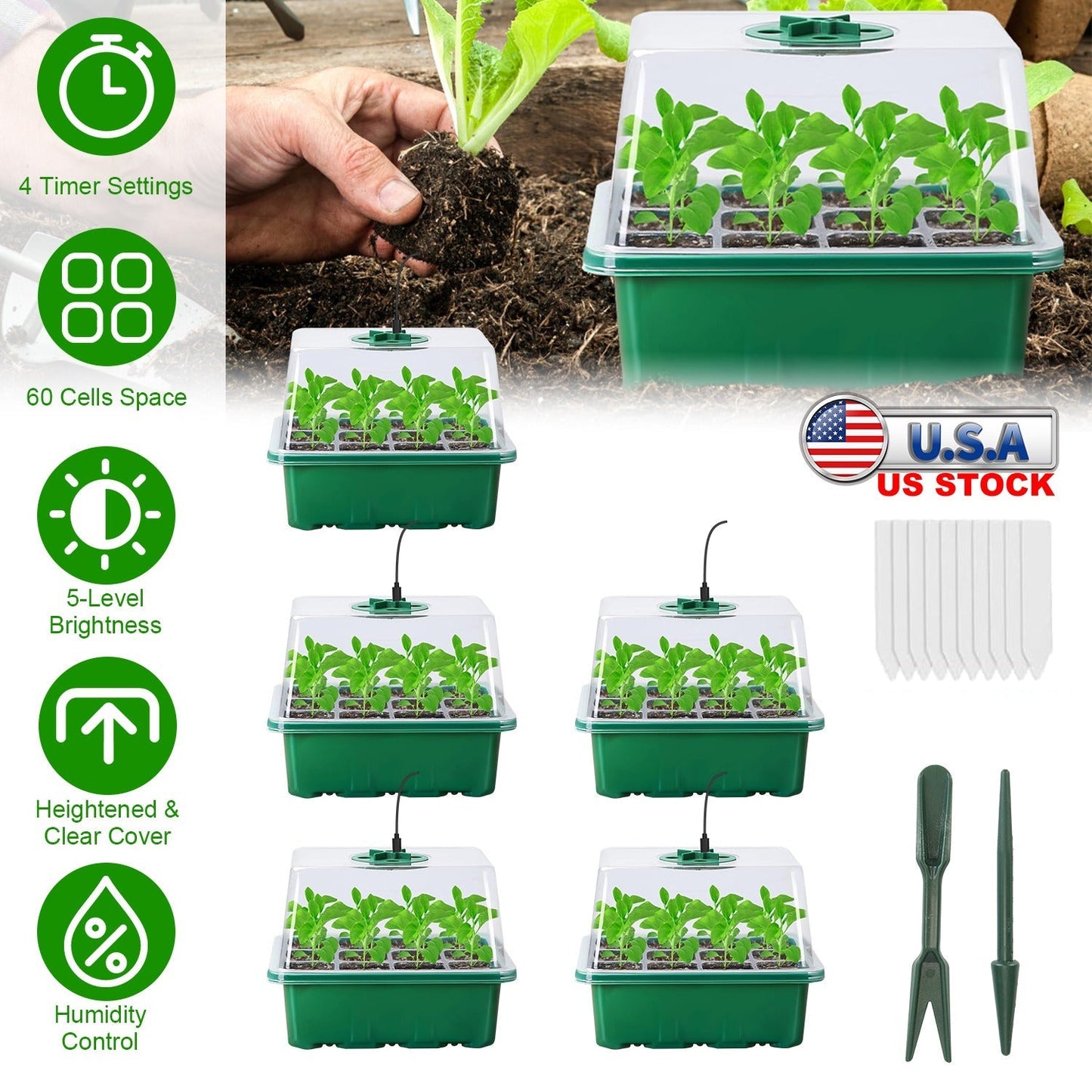 5-Pack Seed Starter Tray with Grow Light and Humidity Dome