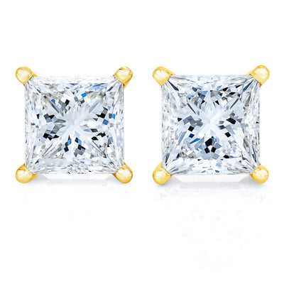 Pendientes de Stud Solitario de Diamante de Corte Princesa en Oro Amarillo de 14K