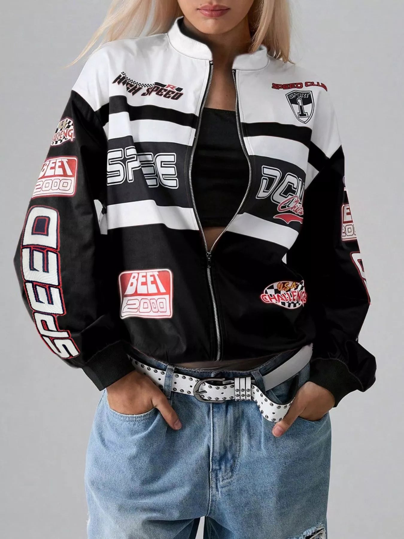 Veste à zip avec lettres et épaules tombantes
