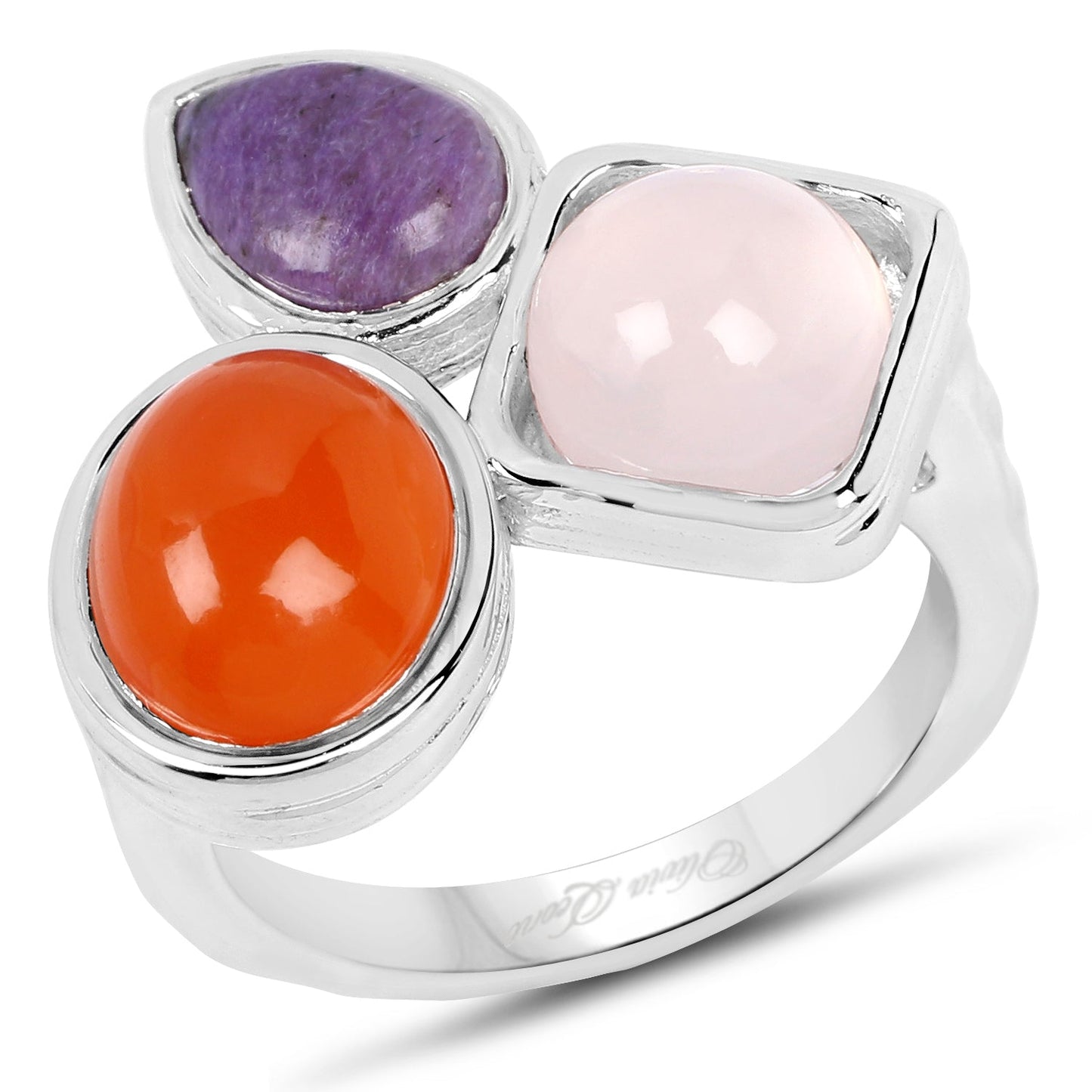 Bague en argent sterling avec quartz rose, cornaline et charoïte de 5,21 carats