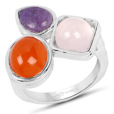 Bague en argent sterling avec quartz rose, cornaline et charoïte de 5,21 carats