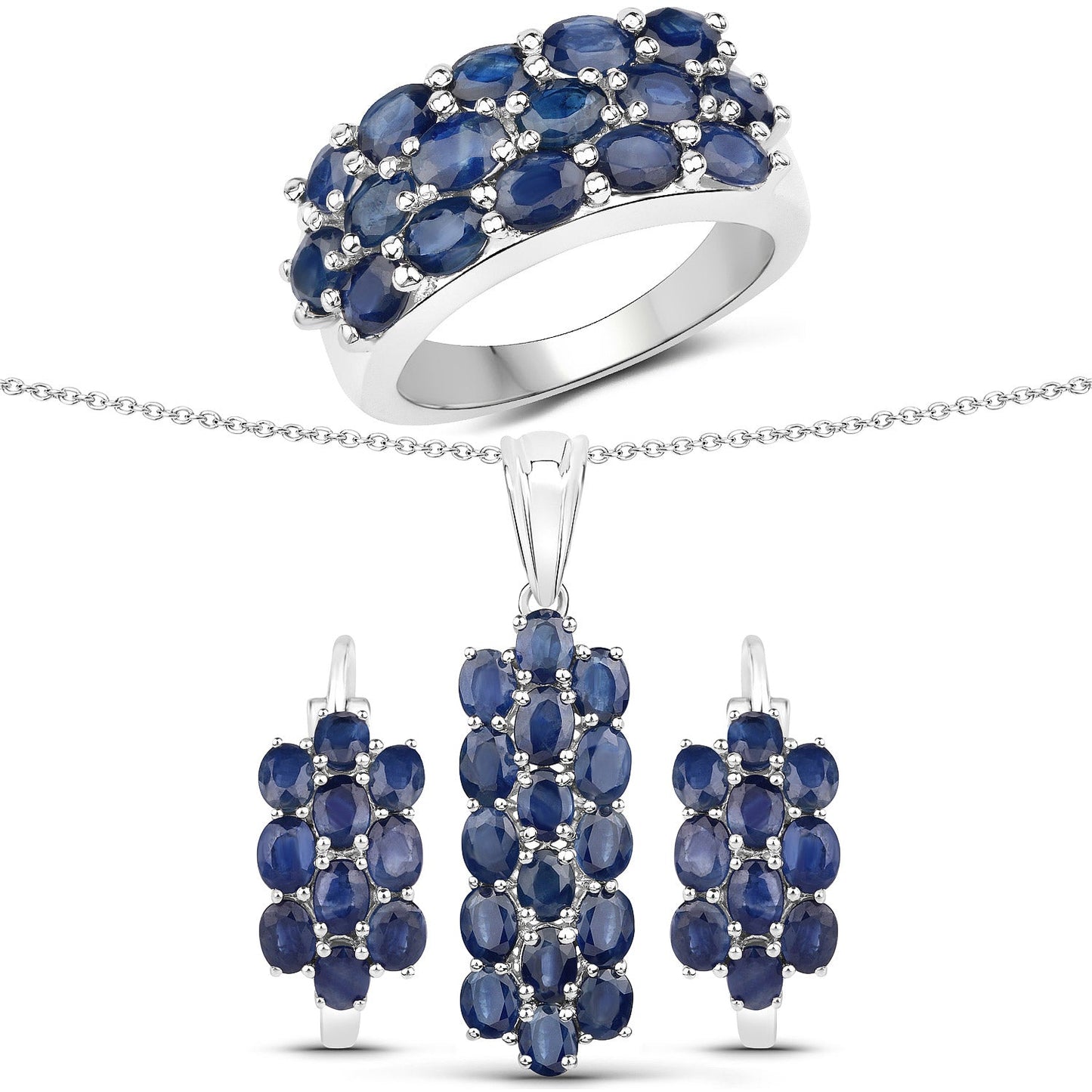 Conjunto de Joyería de Zafiro Azul Genuino de 10.40 Quilates en Plata de Ley