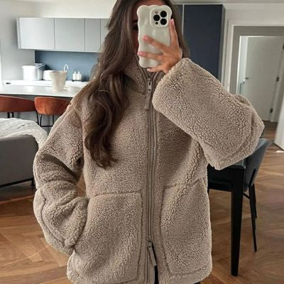 Manteau élégant d'hiver à col avec fermeture éclair et poches