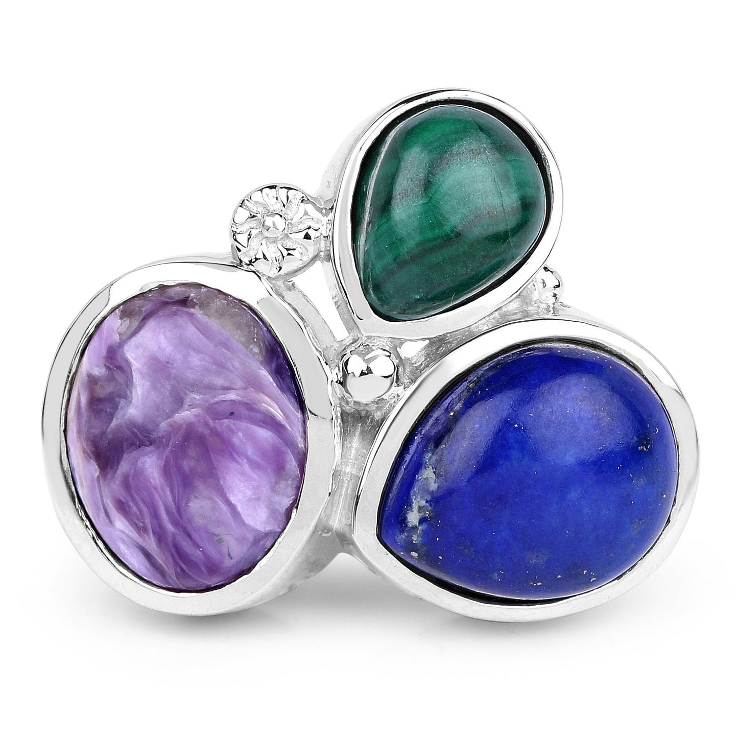 11.23 Carat Genuine Malachite, Charolite, and Lapis Sterling Silver Ring