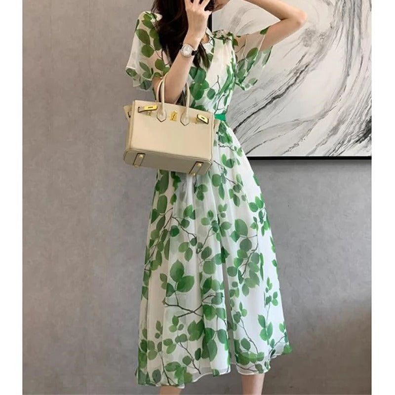 Robe midi à imprimé feuilles pour femmes en été