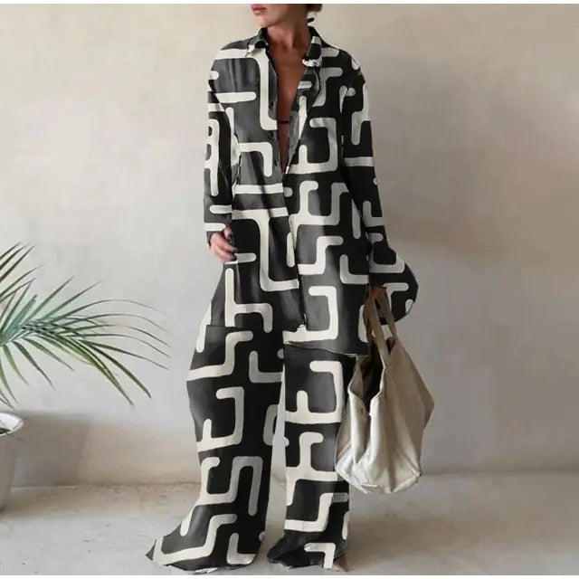 Conjunto de Pantalones de Rayas Sueltos Elegantes con Top de Manga Larga