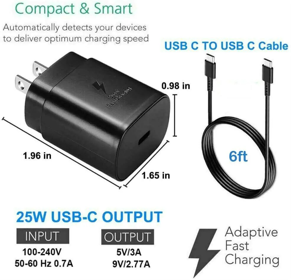 Cargador de pared Super Rápido Type-C de 25W con cable de 6FT para Samsung Galaxy