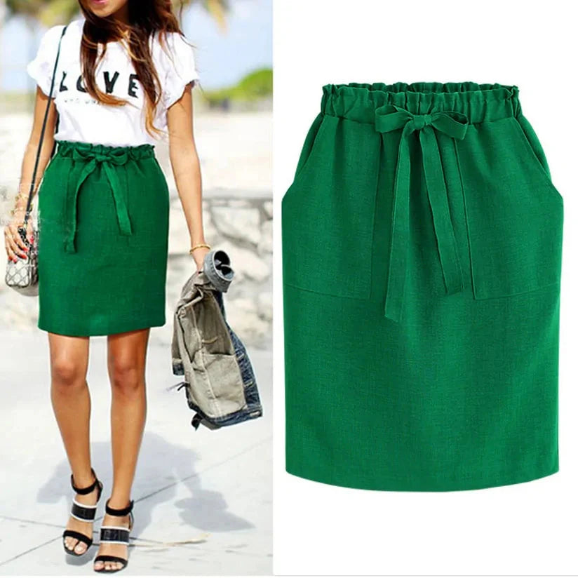 Falda de Cintura Elástica de Algodón para Mujer con Lazo - Estilo Midi Lápiz (Verde)