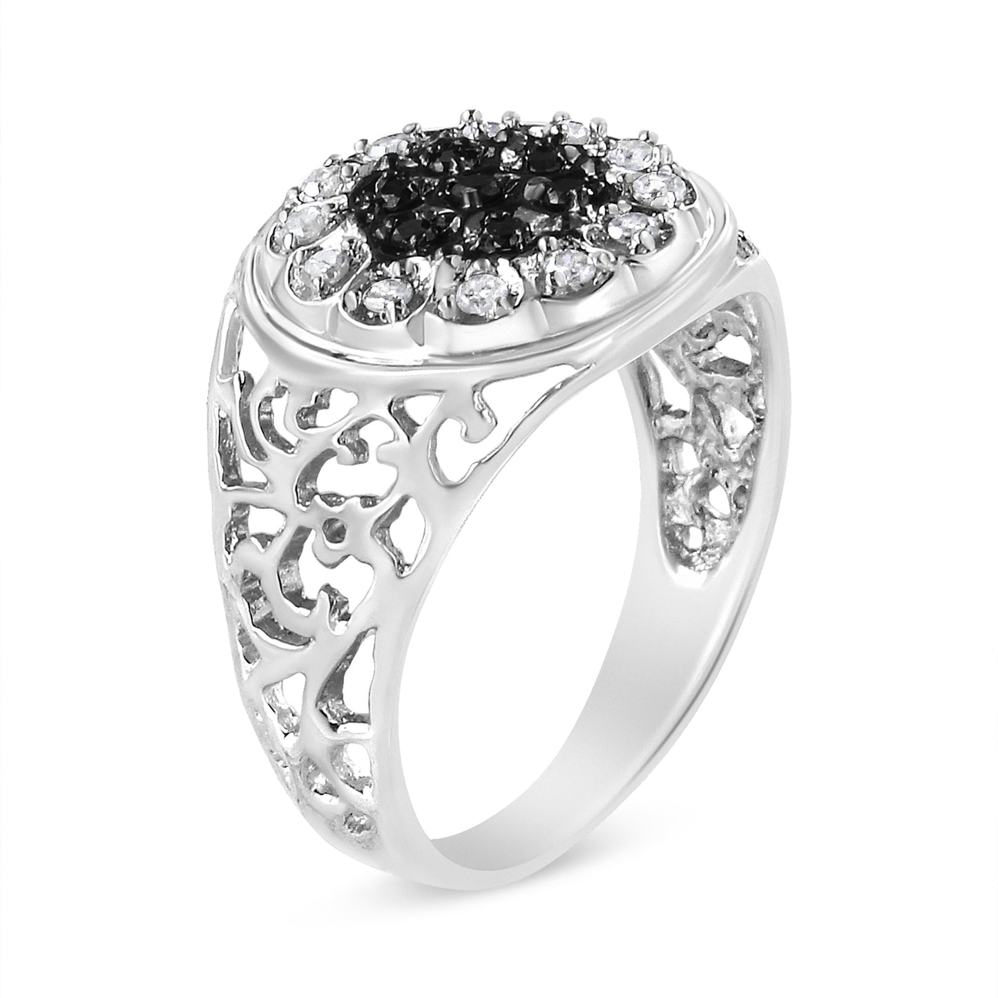 .925 Sterling Silver Black and White Diamond Halo Cluster Ring for Men - Size 10