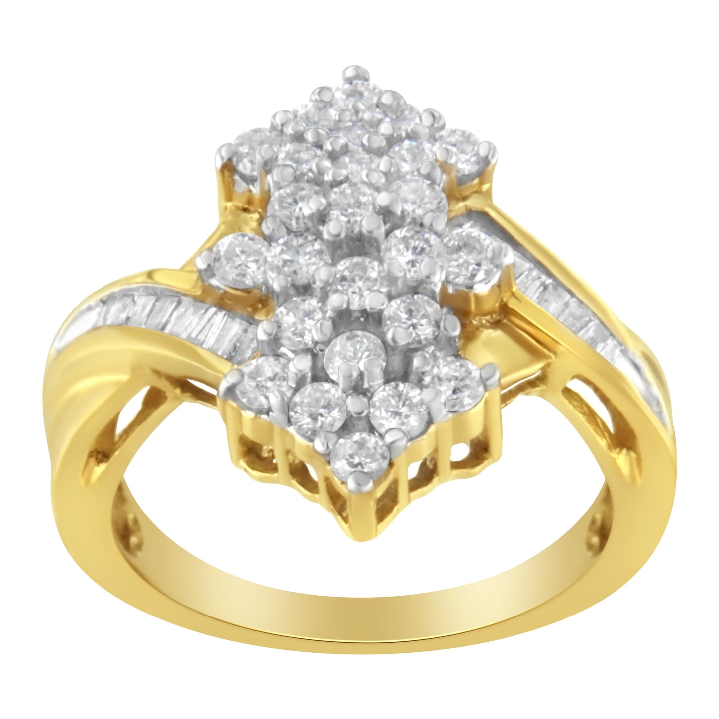 10K Yellow Gold Round and Baguette Cut Diamond Cluster Ring - Size 7