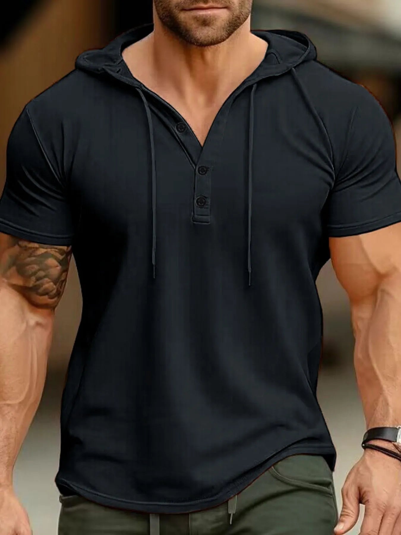 Camiseta Henley con Capucha Casual para Hombre en Tallas Grandes