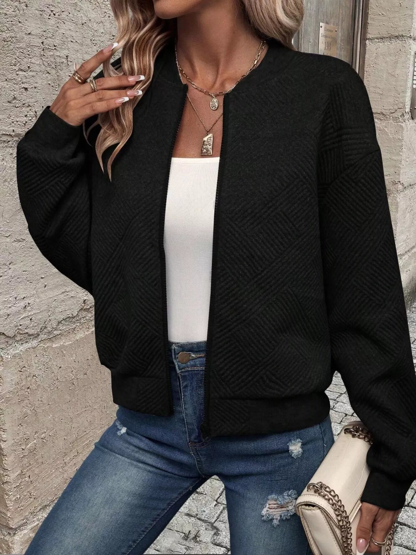 Veste Bomber à Fermeture Éclair Texturée