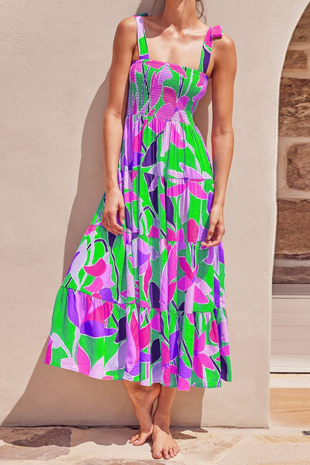 Charming Floral Tie-Shoulder Midi Dress for Summer Escapes - Korvel