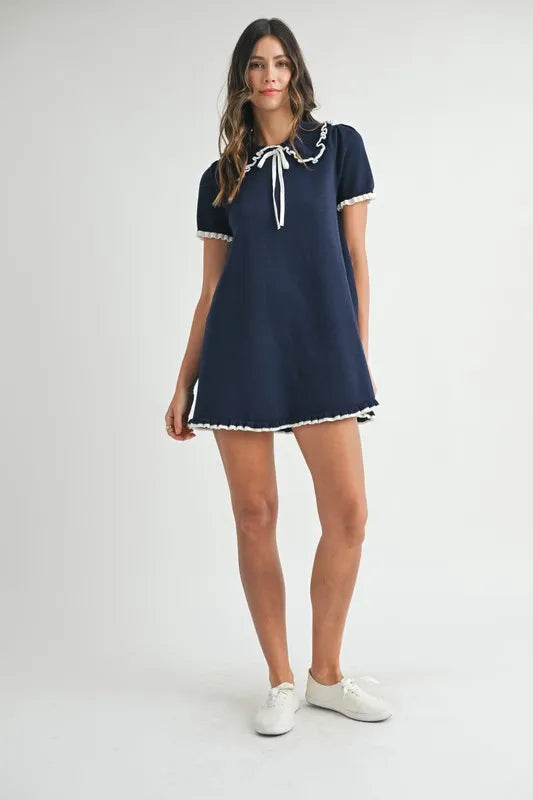 Ruffle Trimmed Collar Fine Knit Mini Dress for Women