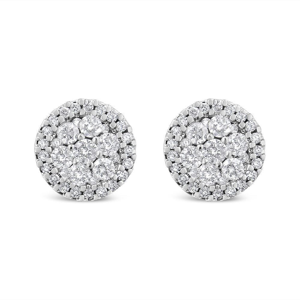 14K White Gold 1.0 Cttw Diamond Halo Button Stud Earrings
