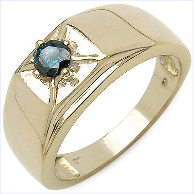 14K Yellow Gold Plated Blue Diamond Sterling Silver Engagement Ring