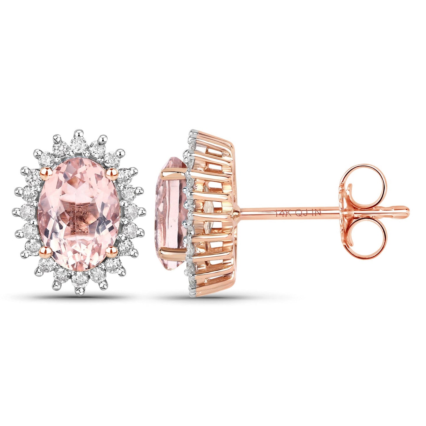 1.61 Carat Genuine Morganite and White Diamond Halo Earrings