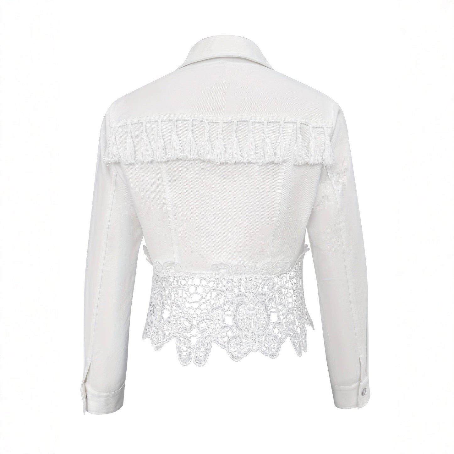 Abrigo de mujer con cuello, dobladillo, diseño de calado y flecos