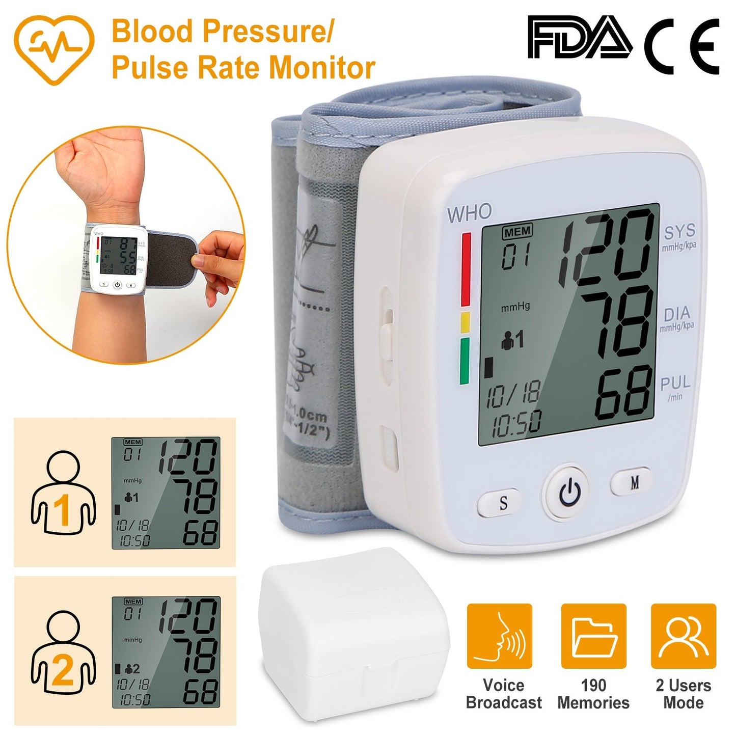Digital Wrist Blood Pressure Monitor with Memory and LCD Display