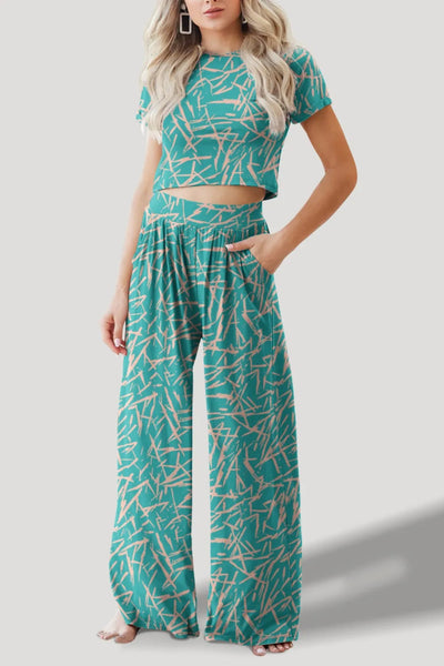 FAM-FAM Printed Round Neck Short Sleeve Top and Pants Set - Korvel