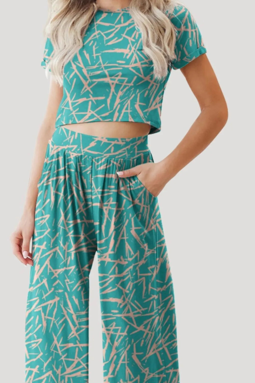 FAM-FAM Printed Round Neck Short Sleeve Top and Pants Set - Korvel