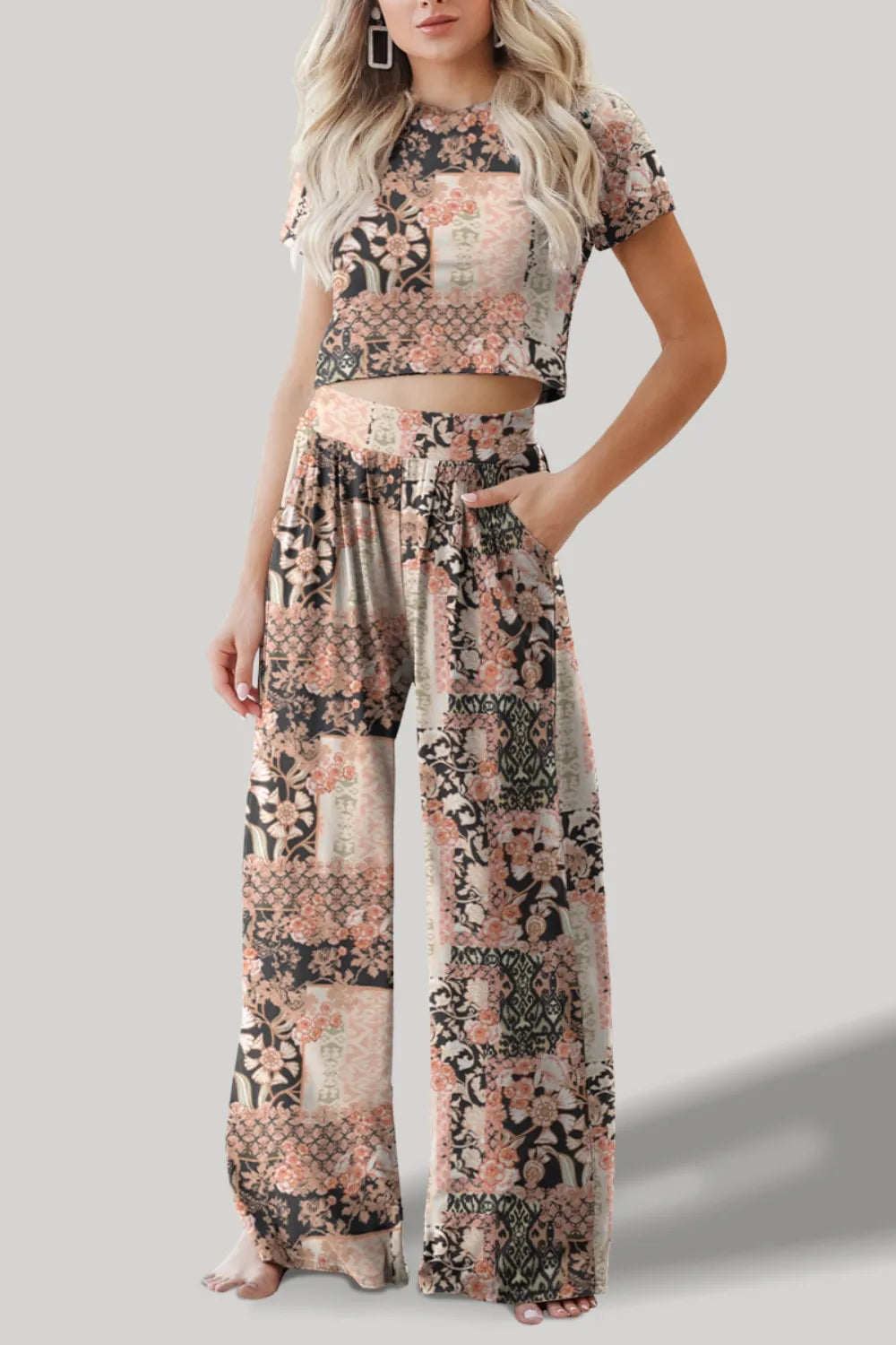 FAM-FAM Printed Round Neck Short Sleeve Top and Pants Set - Korvel
