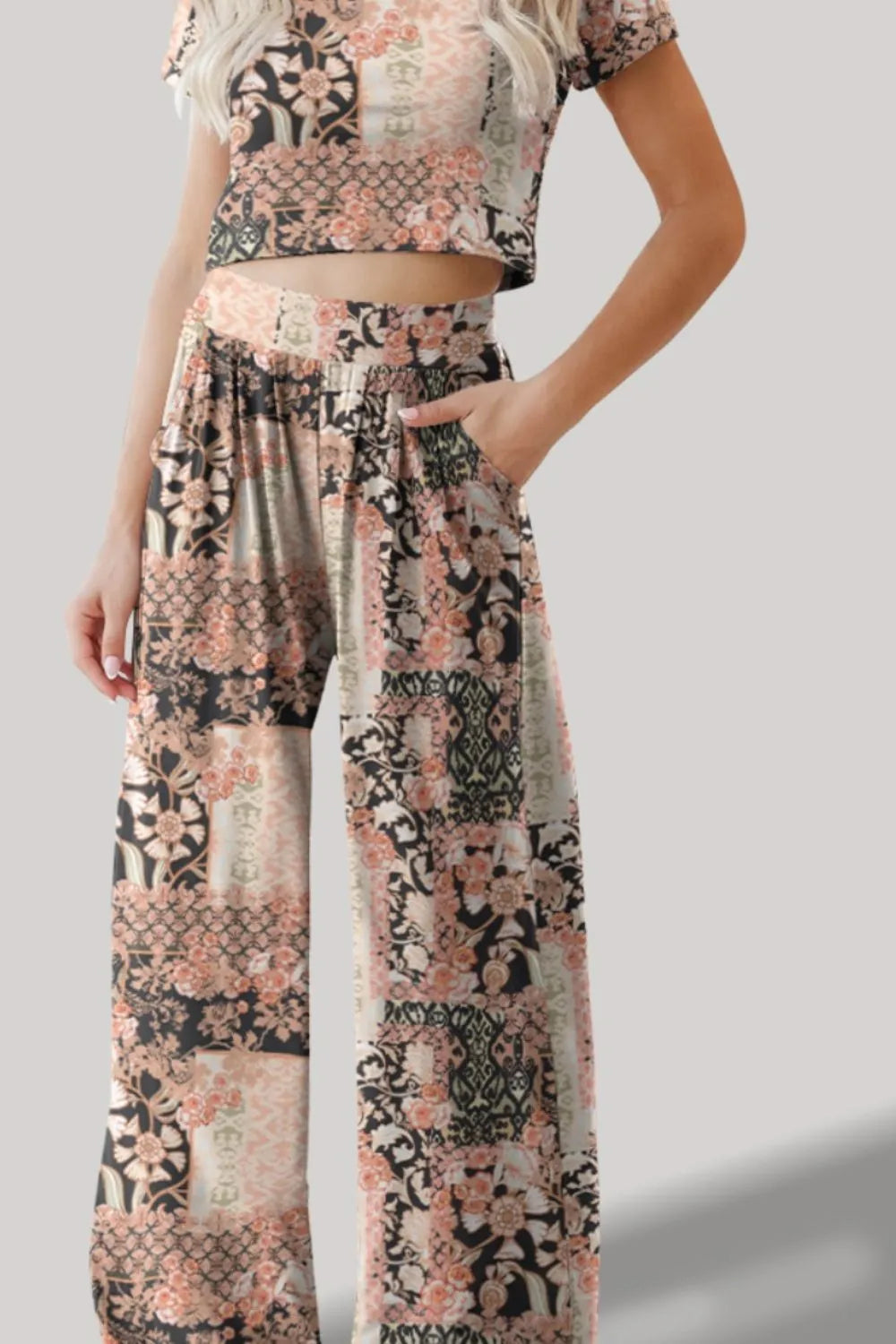 FAM-FAM Printed Round Neck Short Sleeve Top and Pants Set - Korvel