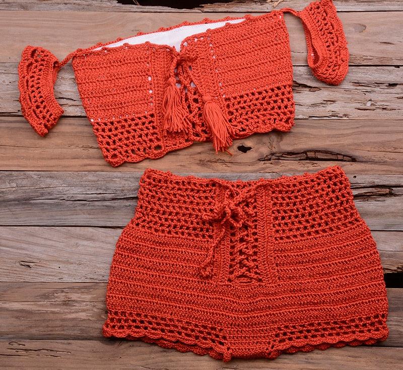 Conjunto de Bikini de Estilo Elegante de Crochet con Borlas