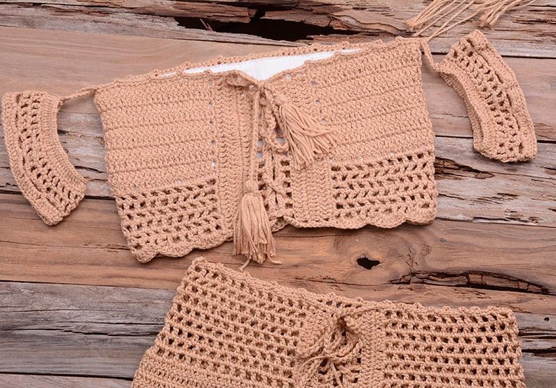 Conjunto de Bikini de Estilo Elegante de Crochet con Borlas