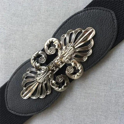 Ceinture large en cuir avec boucle en métal noir vintage et design floral