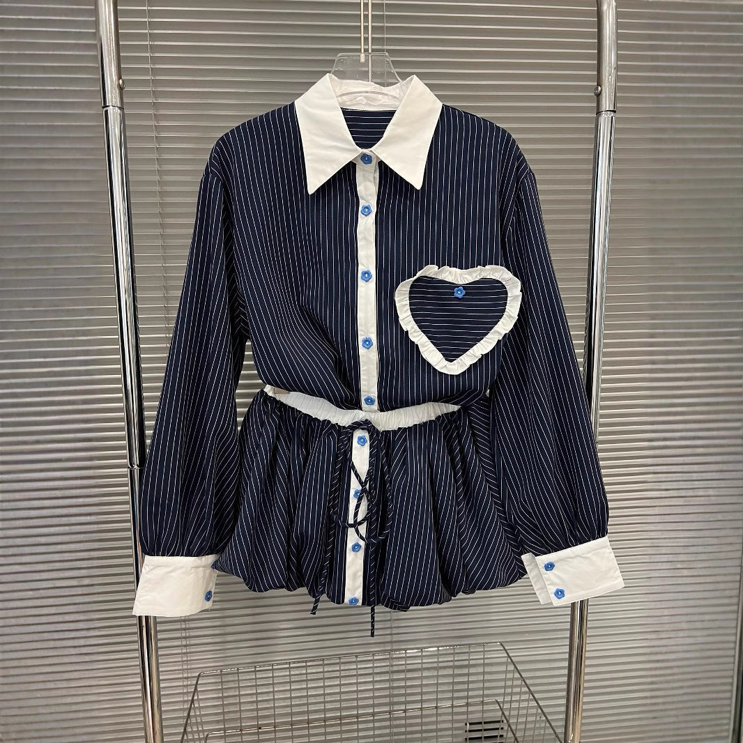Fashion contrasting polo collar heart striped shirt top women's spring floral bud fluffy half skirt two-piece set - Korvel