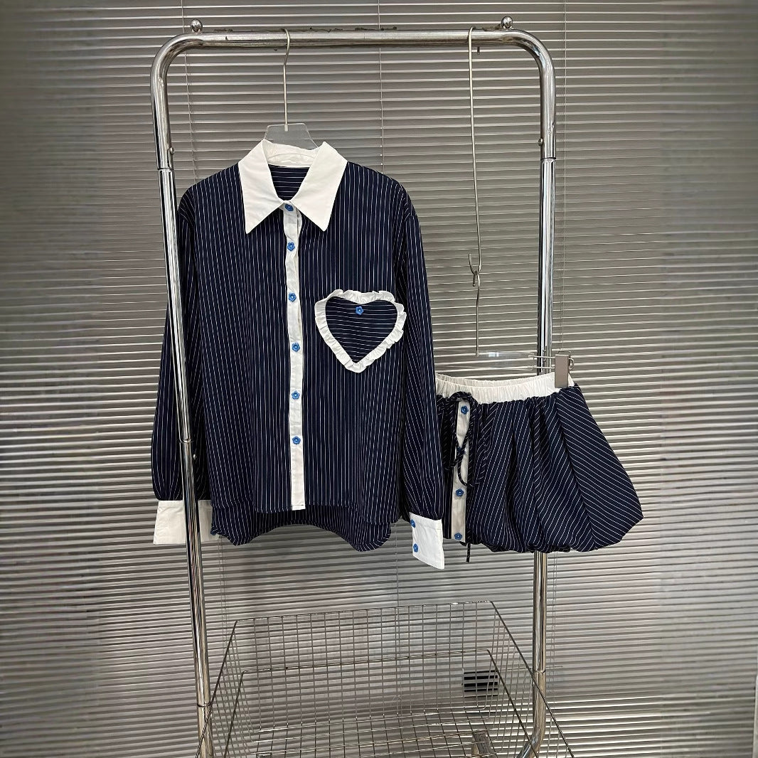Fashion contrasting polo collar heart striped shirt top women's spring floral bud fluffy half skirt two-piece set - Korvel