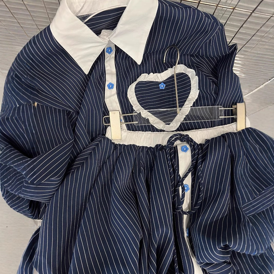 Fashion contrasting polo collar heart striped shirt top women's spring floral bud fluffy half skirt two-piece set - Korvel
