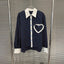 Fashion contrasting polo collar heart striped shirt top women's spring floral bud fluffy half skirt two-piece set - Korvel