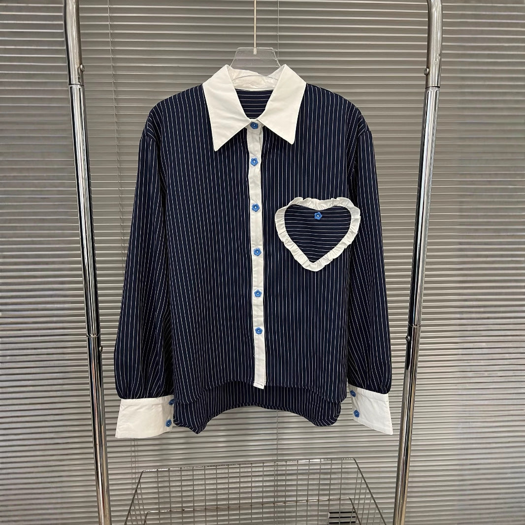 Fashion contrasting polo collar heart striped shirt top women's spring floral bud fluffy half skirt two-piece set - Korvel