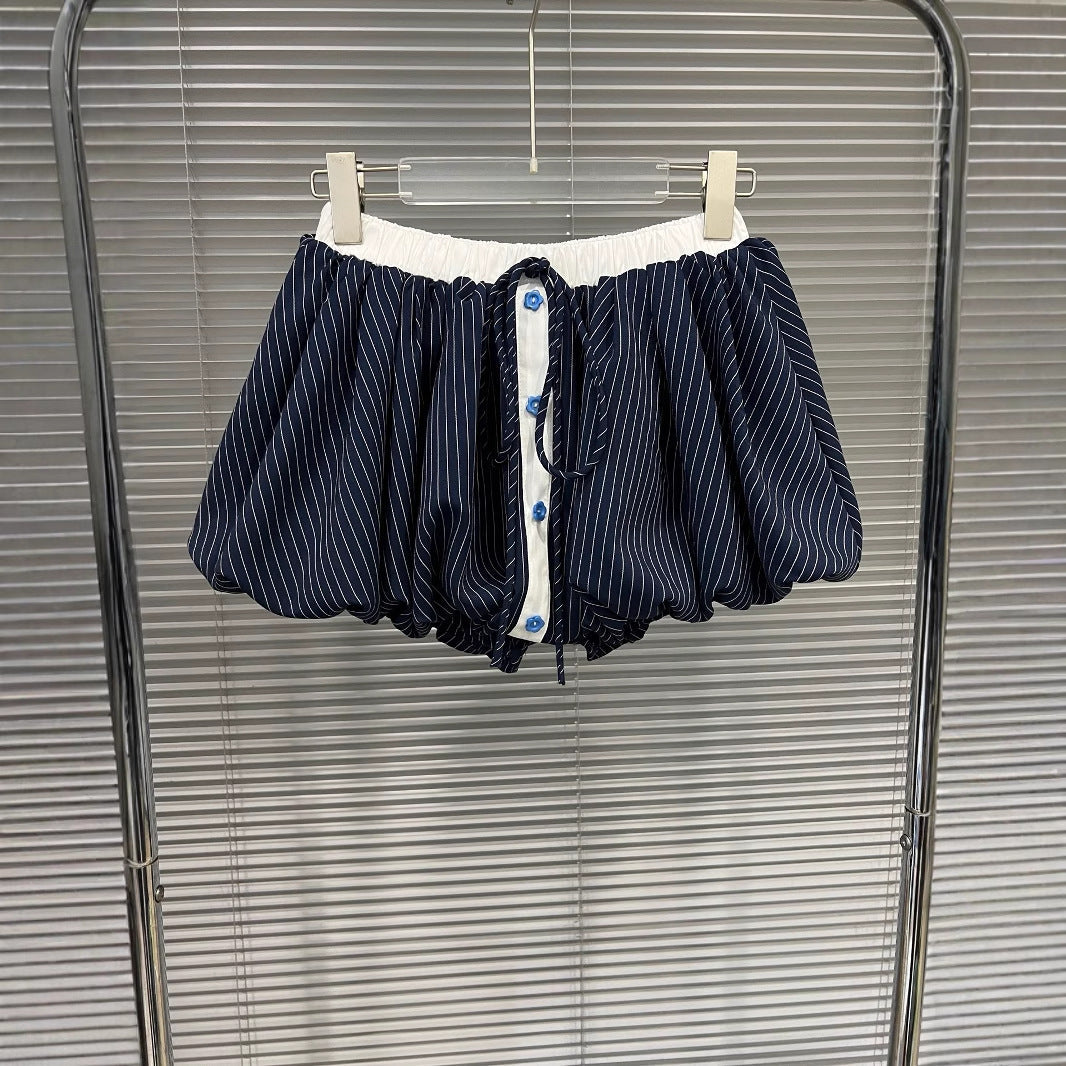 Fashion contrasting polo collar heart striped shirt top women's spring floral bud fluffy half skirt two-piece set - Korvel